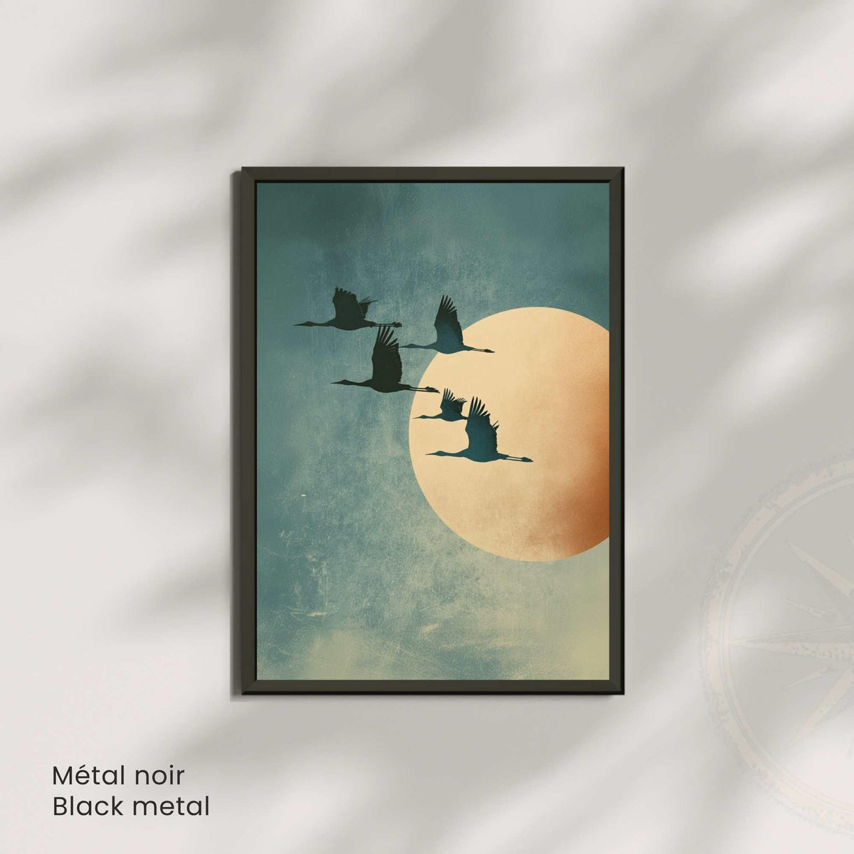 Affiche Japonaise – Envol vers la Lune Dorée | Poster Minimaliste Japonais | Grues Symboliques | Art Zen et Wabi-Sabi