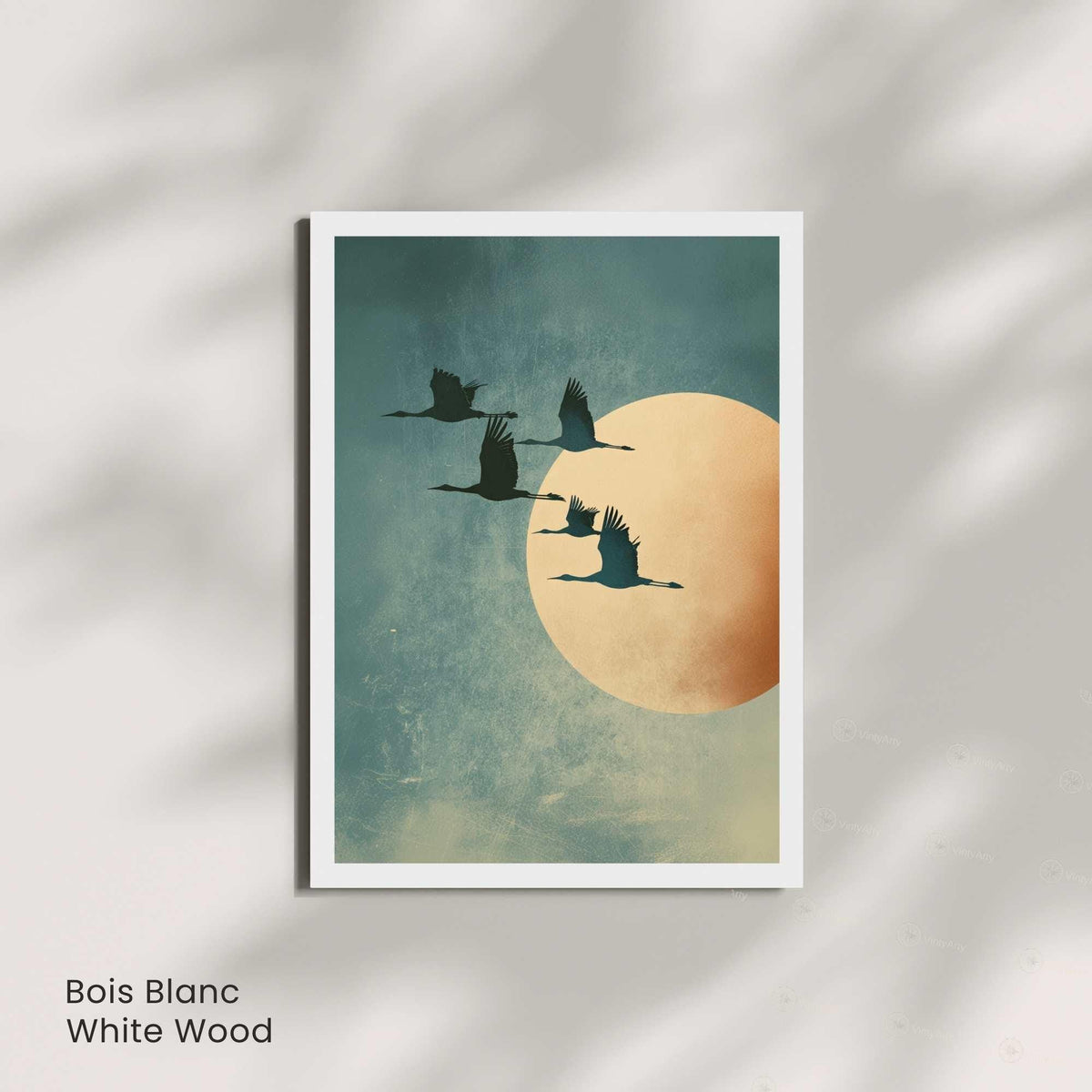Affiche Japonaise – Envol vers la Lune Dorée | Poster Minimaliste Japonais | Grues Symboliques | Art Zen et Wabi-Sabi