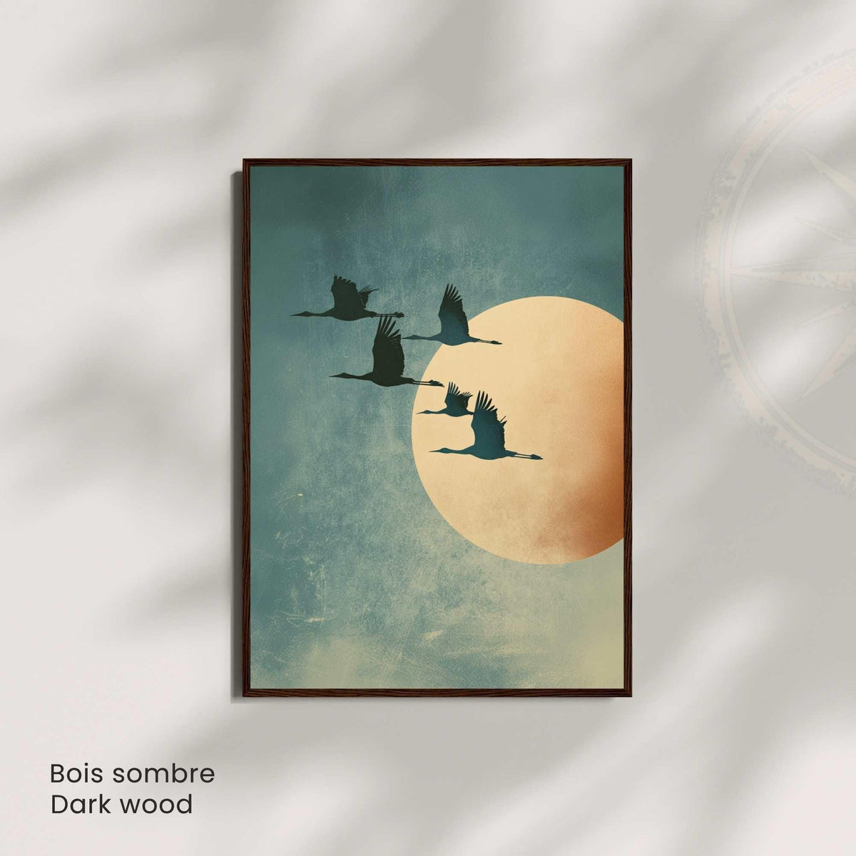 Affiche Japonaise – Envol vers la Lune Dorée | Poster Minimaliste Japonais | Grues Symboliques | Art Zen et Wabi-Sabi