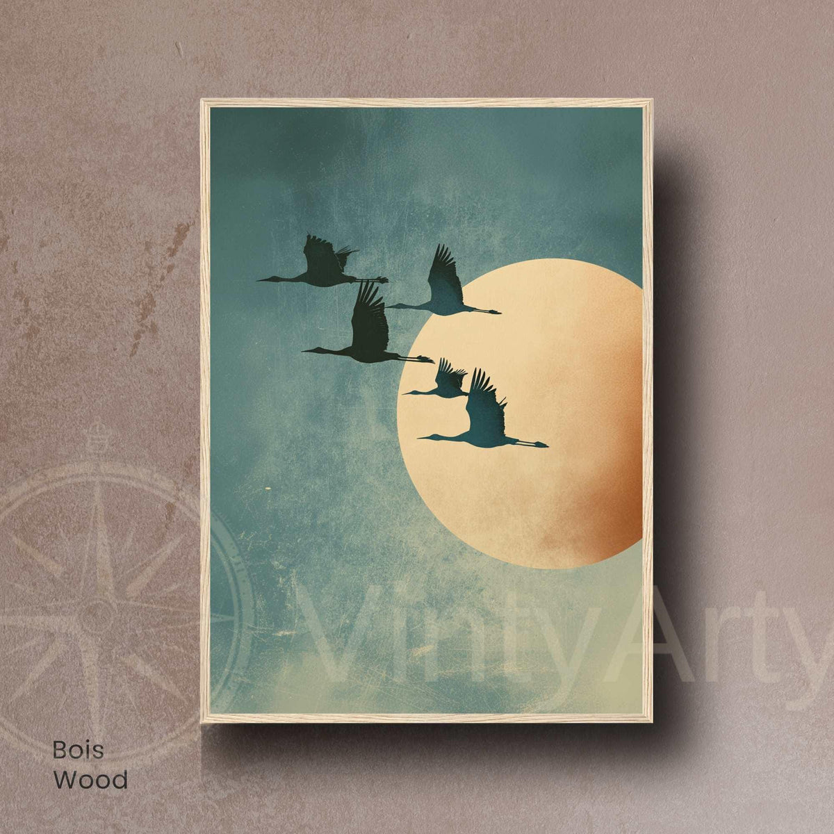 Affiche Japonaise – Envol vers la Lune Dorée | Poster Minimaliste Japonais | Grues Symboliques | Art Zen et Wabi-Sabi