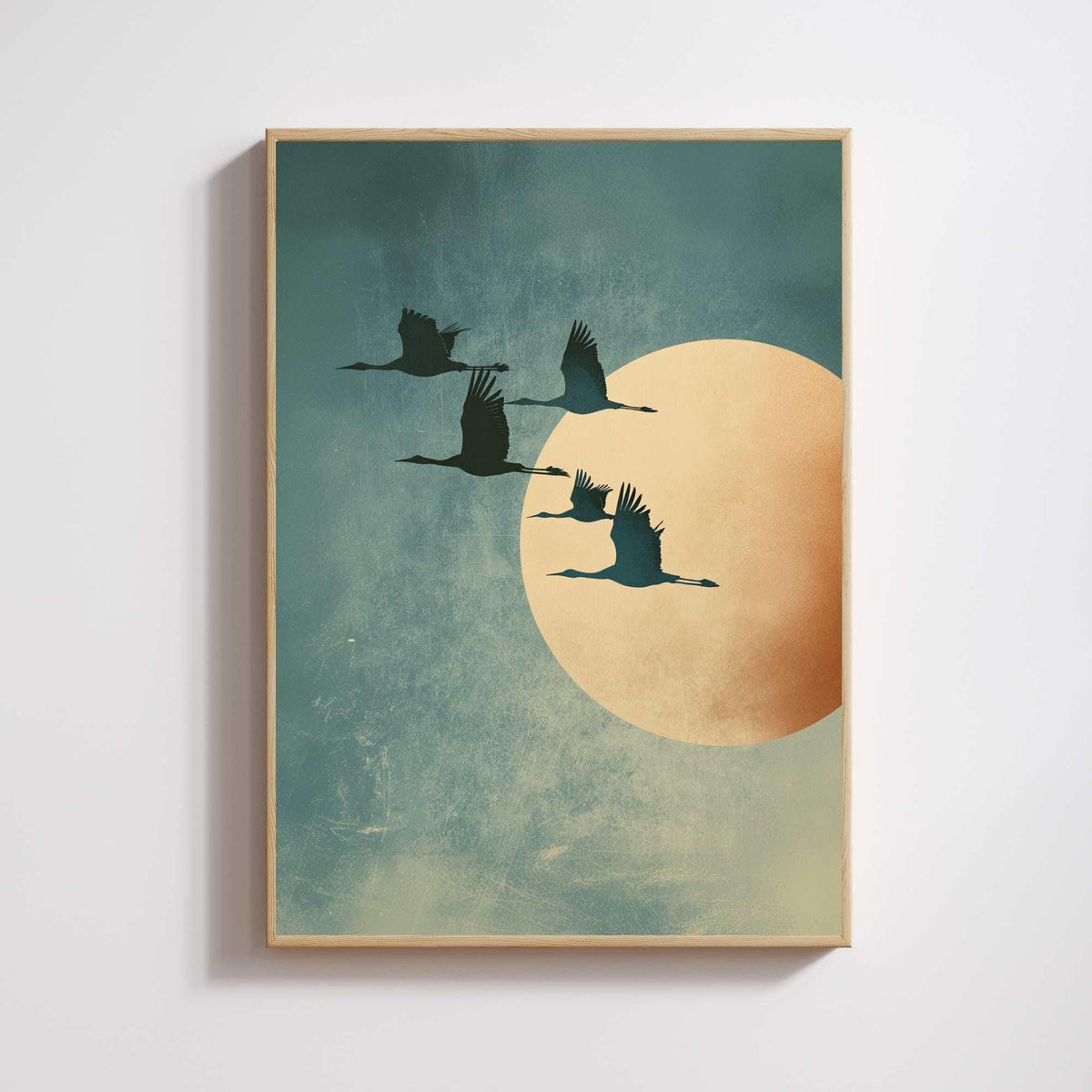 Affiche Japonaise – Envol vers la Lune Dorée | Poster Minimaliste Japonais | Grues Symboliques | Art Zen et Wabi-Sabi