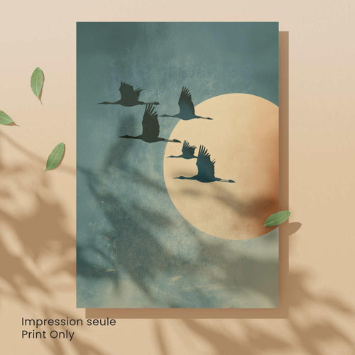 Affiche Japonaise – Envol vers la Lune Dorée | Poster Minimaliste Japonais | Grues Symboliques | Art Zen et Wabi-Sabi